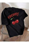 Unisex Black Happy Cherry Printed Crew Neck T-Shirt - 2