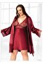 Burgundy Satin Dressing Gown-Nightgown Set with Lace Pieces in Large Size - 2