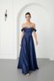 Women's Navy Blue Boat Neck Stoned Long Promise Engagement Wedding Evening Dress