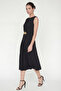 Women's Black Crew Neck Midi Dress with Belt Sleeves - 2