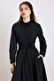Button Closure, Pleated Detail, Cotton Piece Dress Black 9417-E - 6