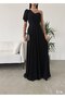 Black Heart Collar Half Sleeve Crepe Fabric Maxi Length Dress - 3