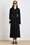 Button Closure Belt Detailed Flared Dress with Cotton Panels Black 9419-E - 3