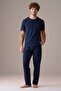 Men's Short Sleeve Buttoned Collar 100% Cotton Pajama Set Dark Navy Blue - 4