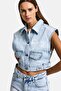 Women's Ice T-3S6-3 Cropped Fit Lace and Stone Detailed Design Denim Vest