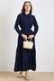 Ribbed Detailed Skirt with Ruffles Soft Fabric Dress Dark Blue 9441-E - 4