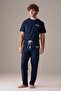 Men's Short Sleeve 100% Cotton Pajama Set Dark Navy Blue - 2
