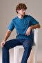 Men's Short Sleeve Buttoned Collar 100% Cotton Pajama Set Dark Blue