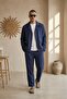 Men's Linen Jacket Boyfriend Pants Navy Blue Bottom Top Set Elastic Lace-Up Relaxed Fit Ls-5524