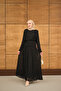 Women's Tulle Fabric Self Patterned Waist Drawstring Detail Dress Black - 5