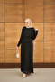 Women's Tulle Fabric Self Patterned Waist Drawstring Detail Dress Black