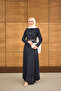 Women's Sim Detail Self Patterned Gold Belt Piece Dress Navy Blue - 6