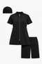 3-Piece Black Patterned Waiter Boy Swimsuit Set – Short Sleeve Children's Closed Swimsuit (Top, Shorts, Cap)
