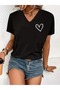 Women's V-Neck Minimal Heart Printed Black/White T-Shirt Oversized Casual
