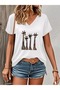 Women's V-Neck Zürafaa Printed Black/White T-Shirt Oversized Casual