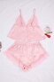 Pembe Puantiyeli Tül Detaylı Saten Dokuma Pijama Takımı THMSS26PT00132 - 4