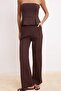 Kahverengi Peplum Bluz Düz Paça Pantolon Papertouch Dokuma Alt - Üst Takım TWOSS26AU00107 - 3