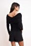 Siyah Fitted/Vücuda Oturan Carmen Yaka Büzgü Detaylı Uzun Kol Örme Bluz TWOSS26BZ00694 - 4
