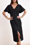 Black Plain Bodycon V-Neck Angel Sleeve Short Midi Scuba Crepe Knitted Dress Twoss26El00471 - 3