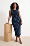 Çok Renkli Büzgü/Drape Detaylı Desenli Maxi Esnek Tül Büyük Beden Elbise TBBSS26AH00136
