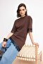 Kahverengi Regular/Normal Kalıp Dantelli Düşük Kol Kısa Kollu Soft Touch Örme T-Shirt TWOSS26TS00196
