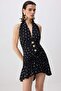 Black Polka Dot Patterned Accessory Detailed Chiffon Lined Mini Stylish Dress Tprss26El00145