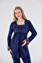 Navy Blue Special Lace Design Cotton Long Sleeve Maternity Pajamas Set Nightgown 4-Piece Set - 5