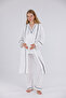 Ecru Piping Design Cotton Long Sleeve Maternity Pajama Set with Dressing Gown 3-Piece Set - 2