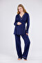 Navy Blue Piping Long Sleeve Cotton Maternity Pajama Set - 3