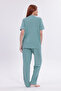 Women's Green Ribbed Front Buttoned Cotton Short Sleeve Pajama Set - 6