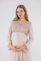 Beige Special Lace Detailed Long Sleeve Cotton Maternity Nightgown with Nursing Feature