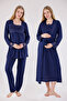 Navy Blue Special Lace Design Cotton Long Sleeve Maternity Pajamas Set Nightgown 4-Piece Set