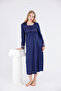Navy Blue Special Lace Detailed Nursing-Friendly Long Sleeve Cotton Maternity Nightgown - 3