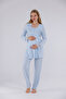 Blue Long Sleeve Cotton Full Length Maternity Pajama Set with Lace on Sleeves and Collar, 3-Piece Set - 7