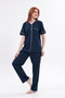 Women's Navy Blue Ribbed Front Buttoned Cotton Short Sleeve Pajama Set - 8