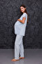 Blue Eyelet Embroidery Linen Postpartum Maternity Robe 3-Piece Pajama Set - 7