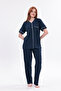 Women's Navy Blue Ribbed Front Buttoned Cotton Short Sleeve Pajama Set - 6