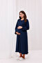 Navy Blue Double Breasted Cotton Nursing Maternity Nightgown-Dressing Set of 2 - 5