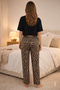 Women's Cotton Black Oversize T-Shirt Bottom Leopard Print Pajamas Set - 2