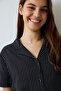 Black Striped Shirt Collar Short Sleeve Pyjama Set - 2