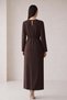 Bitter Brown Long-Sleeved Midi Dress with Accessory Detail at the Neck and Waist - 4