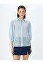 Textured 3/4 Balloon Sleeve Semi Sheer Shirt - 3