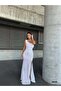Women's White Velvet Fabric One-Shoulder Slit Back Detail Lined Sequin Maxi Evening Dress