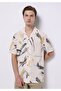Regular Fit Shirt Neck Printed Men's Beige Short Sleeve Shirt