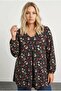 Plus Size Long Sleeve V Neck Front Pleated Floral Print Blouse 303720