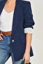 Women's striped linen blazer jacket - navy blue - 4
