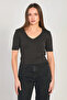 Women's Deep V-Neck Short Sleeve Bodysuit - Black - 2