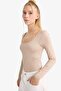 U Neck Long Sleeve Snap Fastener Bodysuit F8042Ax25Au - 3
