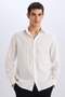 100% Linen Regular Fit Polo Neck Summer Long Sleeve White Shirt D9925Ax25Sp