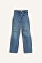 100% Cotton Straight Wide Ripped Detailed High Waist Long Washed Jeans E8016Ax25Sm - 7
